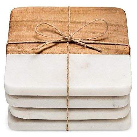 Frescorr (TM) - Luxurious Atelier Marble and Wood Set of 4 Coasters, 4 x 4 inches for Drinks, Hot/Cold,Coffee Mugs, Beer Cans,Bar Glasses. Tea Table/Bar Coasters (Square) Cover