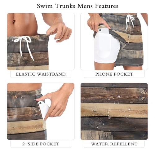 Mens Swim Trunks with Liner, Rustic Board Retro Texture Cool Quick Dry Beach Swim Shorts, Swimwear Bathing Suits S3