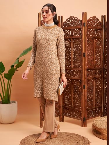 Image of Women's Woolen Winter Kurta | Ethnic Motifs Self Design Long Sleeve Straight Wool Kurti with Round Neck