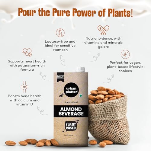 Image of Urban Platter Almond Milk, 1 Litre, Pack of 2 (Unsweetened | Lactose-Free | Plant-Based Milk Alternative | Works Beautifully in Tea and Coffee)