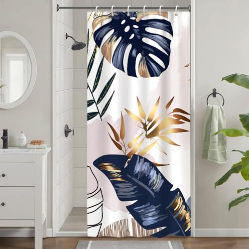 Uiiooazy Rideau Douche Anti Moisissure, Rideau de Douche Étroit 90x180cm Bleu Marine Boheme Tropicale Foglie di Palmier Rideaux de Baignoire Tissu Lavable Imperméable Rideaux de Bain avec 6 Crochets