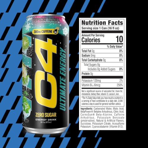 Image of C4 Ultimate Energy Drink, 300mg Caffeine, Zero Sugar, High-Performance Energy for Pre-Workout, Endurance, and Focus, Tropical Tundra Frost, 16oz (Pack of 12)