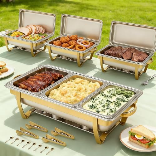 EffiQ-Rate Juego de 4 Calentadores de Platos, 8.5L Rectangular Chafing Dish Incluye 7 Bandejas, Calentador de Alimentos Buffet de Acero Inoxidable para Fiestas y Eventos de Catering al Aire Libre