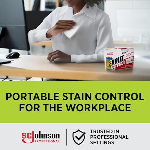 Image of SC Johnson Professional Shout Wipe and Go Stain Remover Wipes, 144 Count | Portable double-sided textured wipes for makeup, coffee, juice and wine stains; 12 pouches of 12, 144 wipes