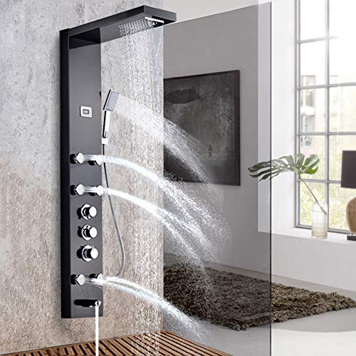 Saeuwtowy Shower Panel Tower System Wall Mounted Bathroom Column Shower Faucet Waterfall Rainfall Oil Rubbed Bronze with Spa Massage Jets Sprayer Tub Spout Hand shower
