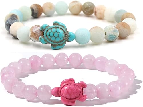 Caiyao Pulsera elástica elástica de 0.315 in con cuentas de tortugas marinas turquesa natural para mujeres y hombres