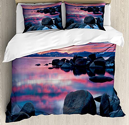 ABAKUHAUS Náutico Funda Nórdica, Ver la Puesta de Sol en el Lago Tahoe, Estampado Lavable 3 Piezas con 2 Fundas de Almohada, 200 x 200 cm   70 x 50 cm, Gris Oscuro y Malva