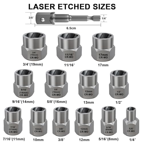 Topec 13+1 Piece Impact Bolt & Nut Remover Set, 3/8" Drive Bolt Extractor Socket Set, 8mm-19mm Stripped Lug Nut Remover, Twist Socket for Damaged, Rusted, Rounded Fasteners