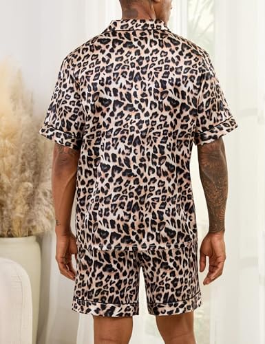 Image of SWOMOG Men Satin Silk Pajamas Sets Short Sleeve Sleepwear Button-Down PJs Sets Two-Pieces Loungewear with Pockets