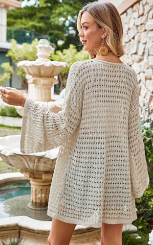 Angashion Women's Crochet Cardigan Sweaters Lightweight Knitted Long Batwing Sleeve Hollow Out Tie Front Boho Beach Cover Up3