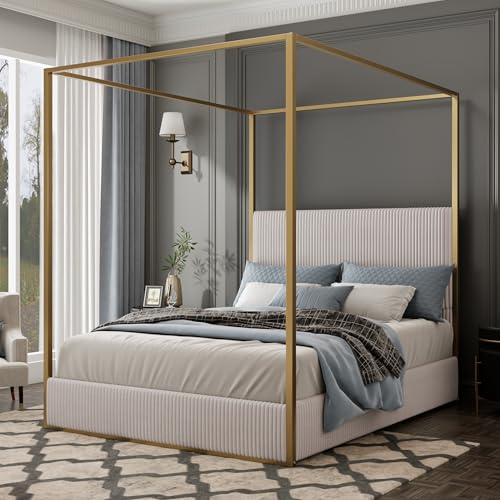 Merax Modern Luxury King Metal Canopy Bed with Tall Upholstered Headboard and Gold Four Poster, No Box Spring Needed, Beige