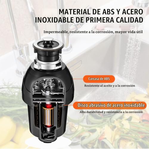 Miniatura 6 de Vevor Triturador De Basura Para Fregadero De Cocina, 1 Hp, Sistema De Eliminación De Residuos De Alimentos, 3960 Rpm, Con Cable De Alimentación, Para El Hogar, La Cocina, 210 X 210 X 415 Mm, Negro