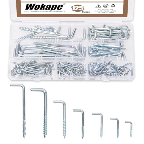 Wokape Lot de 125 crochets à vis en forme de L 7 tailles M2.4 M2.5 M2.8 M3.4 M3.7 M3.8 M4.7 Crochets auto-taraudeuses à angle droit Crochets à vis suspendus en 7 formes Crochets de flexion carrés