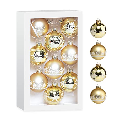 Costyleen Christmas Decoration Colorful Glass Balls Ornaments Set Festival Home Party Decors Xmas Tree Hanging Pendant Snowflake Printing 9Pc Gold 2.7In #TOP10