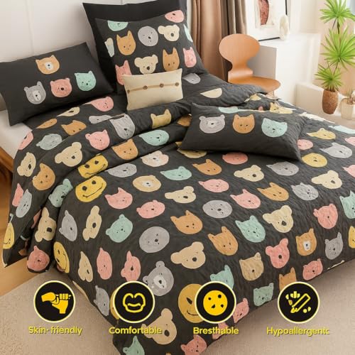 Image of 200 GSM 400 TC Kids Glace Cotton Reversible Cartoon Printed Double Bed King Size Comforter with Matching Bedsheet 90x100 Inches with 2 Pillow Covers Set of 4 Pieces- Grey Teddy