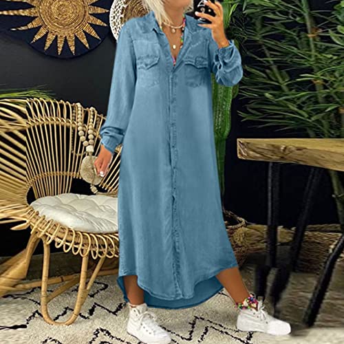 Vestido feminino solto, vestido jeans, longo, casual, manga lisa, botão em V, vestido feminino para