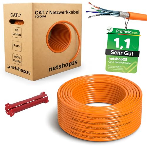 CAT.7 Netzwerkkabel 100m Verlegekabel REINES KUPFER - LAN Kabel S/FTP PiMF LSZH Halogenfrei RoHS Ethernet Cable Datenkabel Installationskabel PoE 10Gbit/s RoHS konform (Orange) + ABISOLIERER