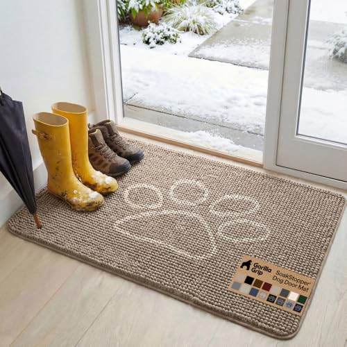 Image of GORILLA GRIP SoakSTOPPER Dog Door Mat, 48x30 Machine Washable Rug Absorbent Doormat Captures Moisture Mud Dirt, Quick Dry Soft Chenille Entryway Rugs Indoor Entrance Mats for Dog Paws, Beige Ivory