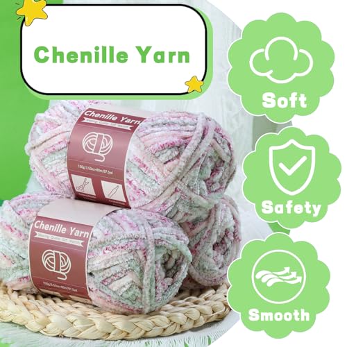 Image of LUNARM Chenille Yarn for Crochet Knitting Chunky Blanket Velvet Yarn | 3 Pack 3.5oz 263 Yard Pink Purple Green Gradient Yarn for Beginners Knitting Scarves with Big Eye Needles Machine Washable