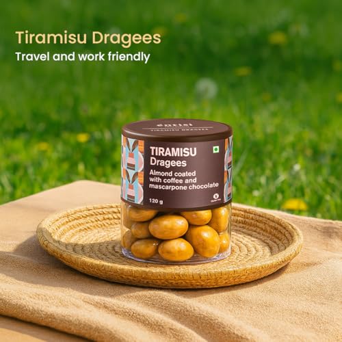 Image of Entisi Nutties Chocolates - Tiramisu Dragees Jar - Coffee & Chocolate Coated Almonds - Dessert Inspired Treat - Gift Jar, Ideal for Gifting, Celebrations & Everyday Treats 120g