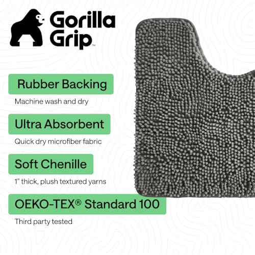 Image of GORILLA GRIP Plush Absorbent Shaggy Chenille Bath Rug Mat for Oval Toilet Base with Rubber Backing, Machine Washable Rugs, Soft Microfiber Contour Mats for Toilets, Bathroom Decor, Charcoal