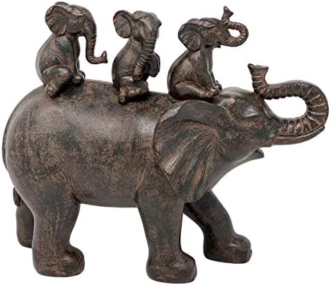 Nature's Mark 8" H 3 Baby Elephants Riding an Elephant Resin Statue Figurine Home Decorative Accent Decor (Brown)