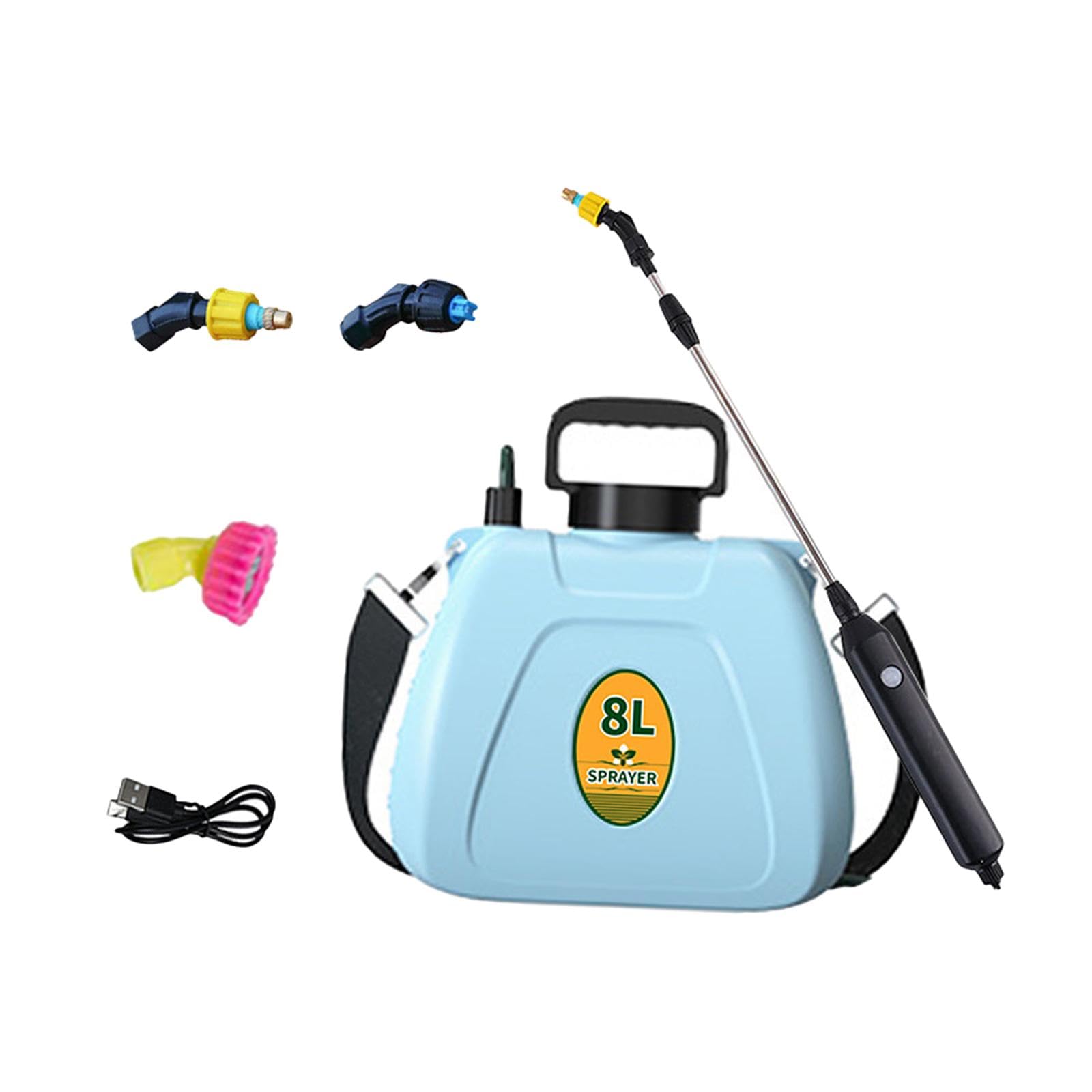 Spruzzatore Elettrico da 8L con Manico Ergonomico Asta Telescopica Regolabile Tre Diversi Ugelli Spallaccio Pratico Adatto per Giardino Casa Orto, Blu