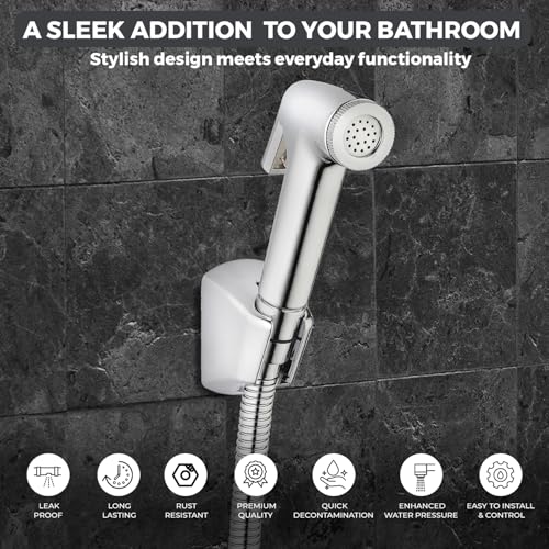 Image of B-06 ABS Health Faucet with 1.2 Meter 304 Grade Stainless Steel EPDM Flexible Hose and Wall Hook l Jet Spray for Bathroom | 1 Year Warranty | Chrome (Complete Set (Gun + Hose + Hook))