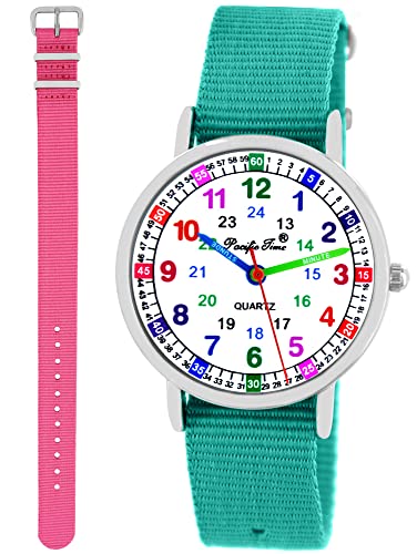 Pacific Time Kinder Armbanduhr Mädchen Jungen Lernuhr Kinderuhr Set 2 Textil...