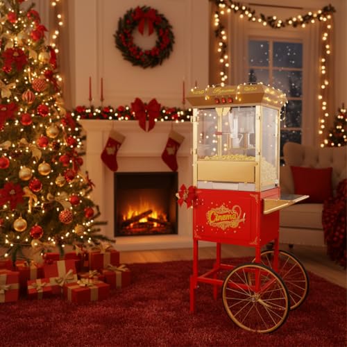 Image of Large Popcorn Machine with Cart: 16 Oz Vintage Commercial Popcorn Maker Movie Theater Style Makes Up to 64 Cups for Home Party Office, Red