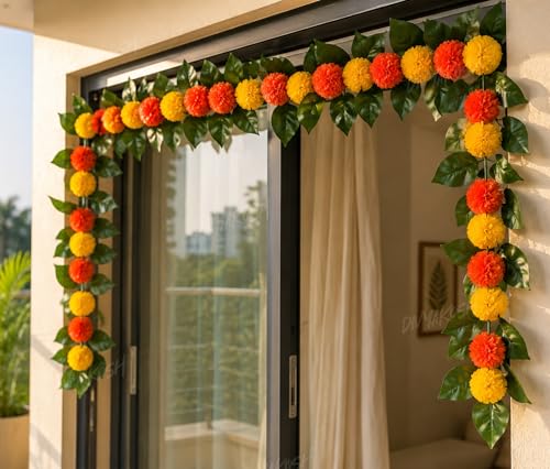 Image of Divyakosh Mango Leaf Vine /Creeper with Marigold Flowers for Door Entrance Decor, 80 Inch Artificial Floral Thoran /Bandarwal /Galrand, Festive Hanging for Diwali Pooja Ganpati Navratri Home