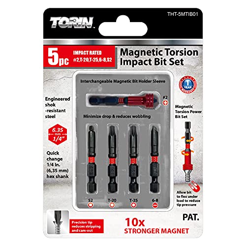 Image of Torin Impact Screwdriver Bit Set,5 Pcs Hex Hand 1 /4 Inch Metric Drill Bits,50mm Length Resistant Steel With Magnetic Head,Phillips 2, S2,T20 T25 Torx Bit,Slotted 6-8,THT-5MTIB01