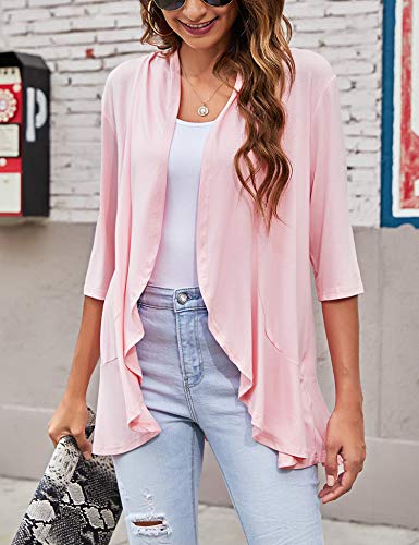 Image of Bluetime Women Casual Lightweight Open Front Cardigans Soft Draped Ruffles 3 /4 Sleeve Cardigan (S-3XL)