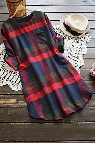 CUPSHE Women's Side Pockets Plaid Round Neck Roll Long Sleeve Casual Dress, M