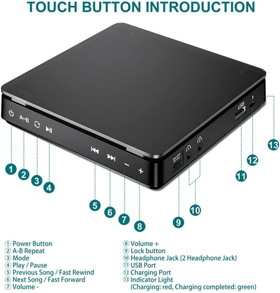Record Player Portable CD Player Double Headphone Version Contact Button Reproductor CD Walkman Rechargeable Shockproof LCD Display Player