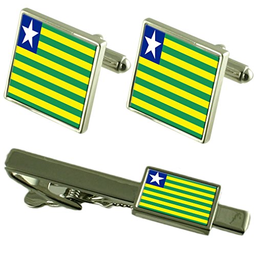 Gemelos de la bandera de Piauí y clip de corbata con caja elegante para camisas de caballero