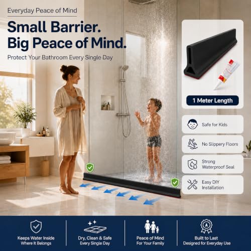 Image of Flexible Silicone Shower Water Dam (1 Meter), Collapsible Shower Threshold & Water Barrier, Self-Adhesive Water Stopper for Bathroom Floors & Kitchen Sinks (Black, 5cm Height)
