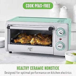 GreenLife Countertop Toaster Oven Air Fryer Stainless Steel, Healthy Ceramic Nonstick, PFAS Free, Tray & Basket, Bake, Broil, Reheat, Adjustable Temp & Time Control, Auto Shutoff, Turquoise