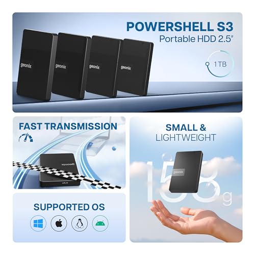 Image of GEONIX PowerShell S3 1TB Portable External Hard Drive 2.5-Inch SATA USB 3.0, Up to 5Gbps with UASP Support, Tool-Free Setup, LED Indicator, Compatible with Windows /Mac /Linux (3 Yr Warranty)(Black)