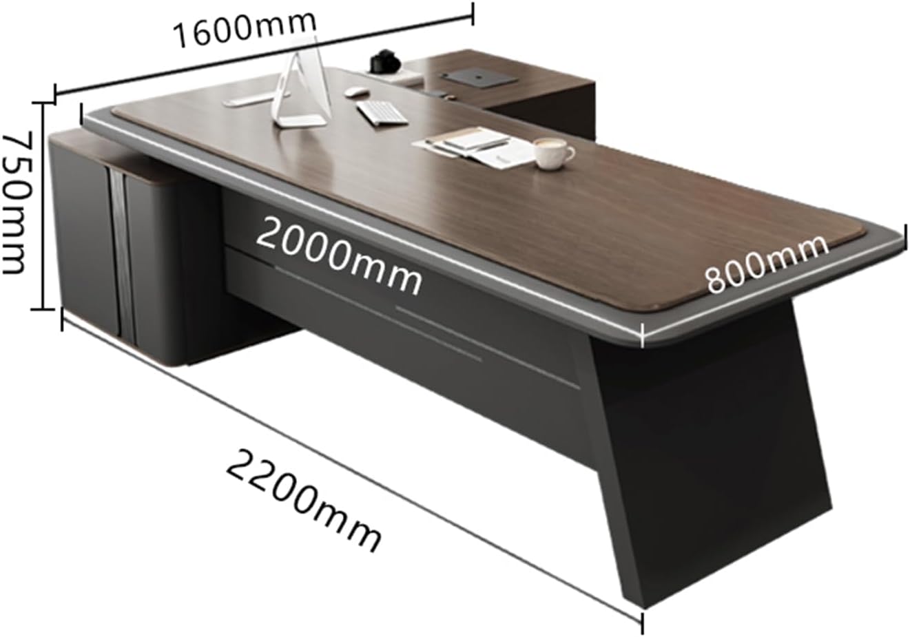 Brown L-Shaped Executive Office Desk Computer Desk with File Drawers Writing Study Table Business Furniture Set for CEO Boss