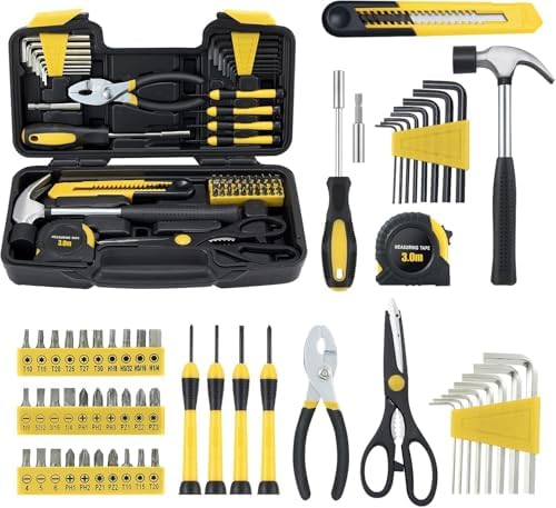 58 Piece Household Tool Set, General Household Hand Tool Kit with Plastic Toolbox Storage Case, All Purpose Household Tool Kit for Home, Garage, Office and College Dormitory Use, Yellow