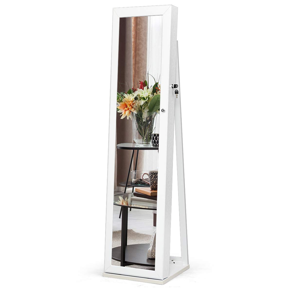 GOPLUS Schmuckschrank mit Spiegel, Spiegelschrank stehend mit großem Stauraum, Lagerregalen und Umkippschutz, Standspiegel Schmuck Organizer abschließbar für Schlafzimmer Wohnzimmer (Weiß)