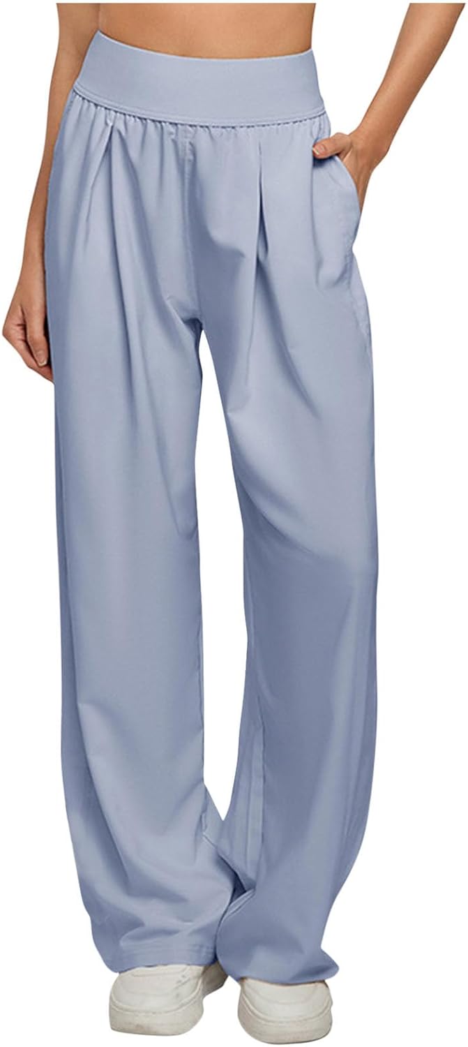 Women Flowy Palazzo Trousers Wide Leg Pants High Rise Elastic Waist Dressy Casual Office Travel Comfy Pant for Ladies