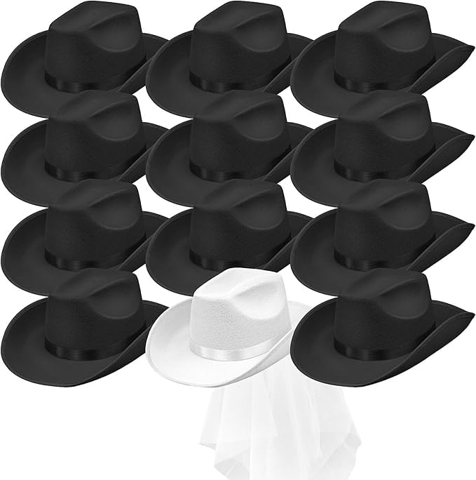12 Pieces Adults Cowboy Hat - Felt Cowgirl Hat, Classic Panama Hats -Ladies Hen Night Cowgirl Western Fancy Dress Costume Accessory Set (Black, White)