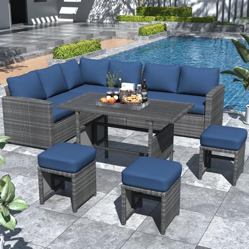 U-MAX 7 Pieces Patio Furniture Set, Outdoor Sectional Sofa Conversation Set, All Weather Wicker Rattan Dining Table & Chair with Ottoman, Grey Rattan&Blue Cushion