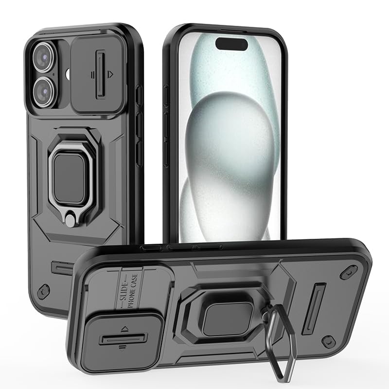 Image of TPU+PC Camshield Pro Case With Slide Camera Protection And Ring Stand Bumper Back Case Cover For iPhone 16 (Black)