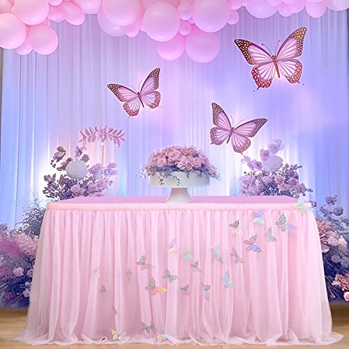 Image of 9ft Pink Butterfly Table Skirt for Rectangle Tables or Round Tables Tulle Tutu Table Skirt for Butterfly Theme Baby Shower Girls Birthday Party Wedding Cake Dessert Table Decorations