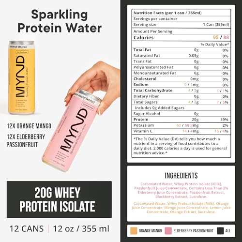 Image of MYND Sparkling Protein Water, Clear Protein Drink - 20g Whey Protein Isolate Per Can, 24 Pack - Lactose Free, Gluten Free, No Added Sugar - Ready-to-Drink Carbonated Protein Drinks - Variety Pack
