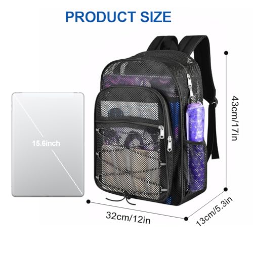 Long Keeper Mesh Backpack Heavy Duty See Through Bag Net Daypack Semi Transparent Backpack Bookbag for Travel Beach Outdoor (Black)2