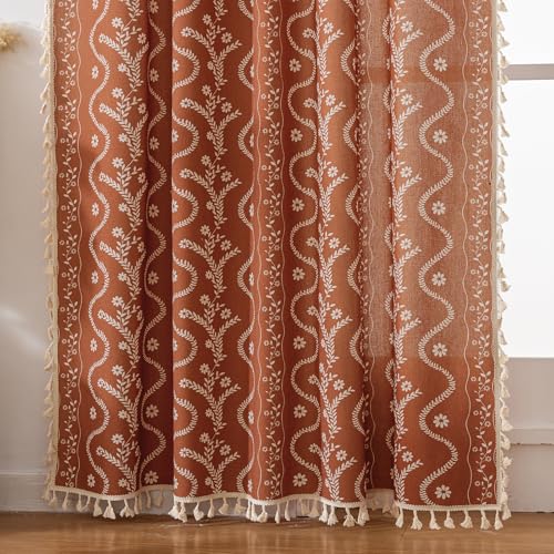 Image of Boho Valance Curtain for Kitchen Window, Burnt Orange Farmhouse Short Curtains Floral Tassel Window Valance Light Filtering Rod Pocket 1 Panel 55 inch W x 14 inch L
